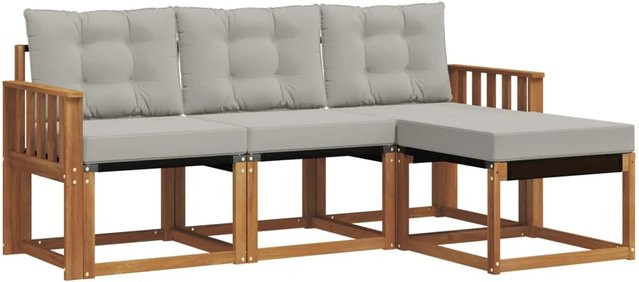 vidaXL Outdoor-Sofagarnitur 4-teilig L-Form aus Akazienholz und Textilene in Natur und Hellgrau mit UV-beständigen Kissen - Bild 1