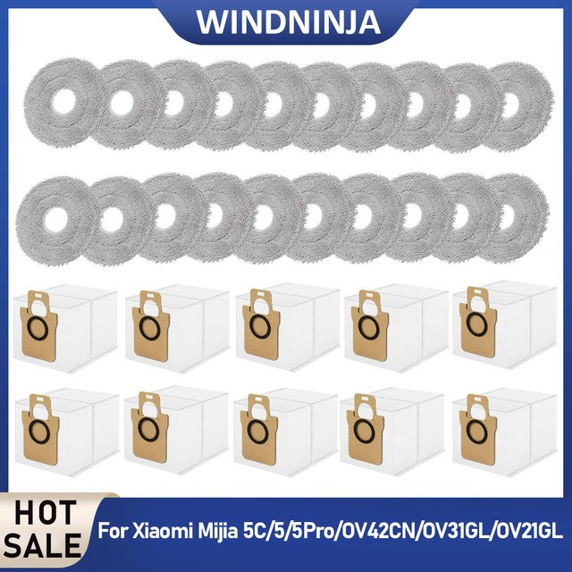 WINDNINJA Zubehör-Set für Xiaomi Mijia 5C 5 5Pro OV31GL OV42CN OV21GL Roboterstaubsauger mit waschbaren Staubbeuteln und Wischtüchern in Weiß - Bild 1