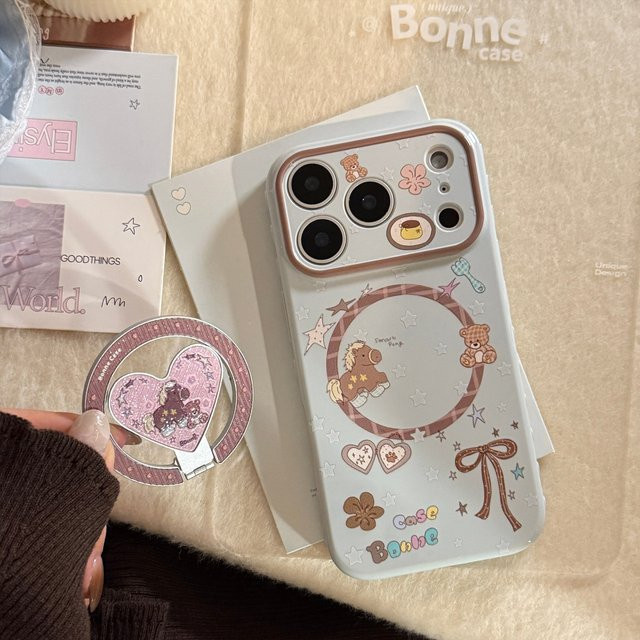 Potdemiel Handyhülle mit koreanischem Cartoon-Pony und Herz-Glitzer für iPhone 17 16 15 14 13 Pro Max, faltbare magnetische Halterung, stoßfeste weiche Schutzhülle - Bild 1