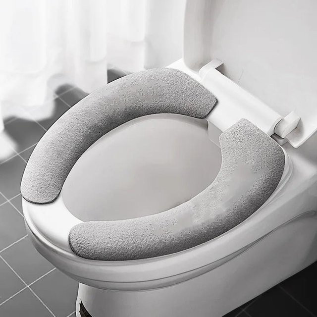 Yiran Furniture Universal Toilettensitzbezug Set aus Baumwolle, Waschbar und Rutschfest, Blau/Grau, Oval - Bild 1