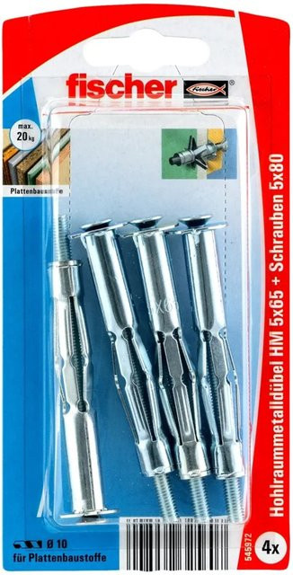 Fischer Hohlraum-Metalldübel HM aus Stahl in Silber, Durchmesser: 5 mm, Länge: 65 mm mit metrischer Schraube - Bild 1