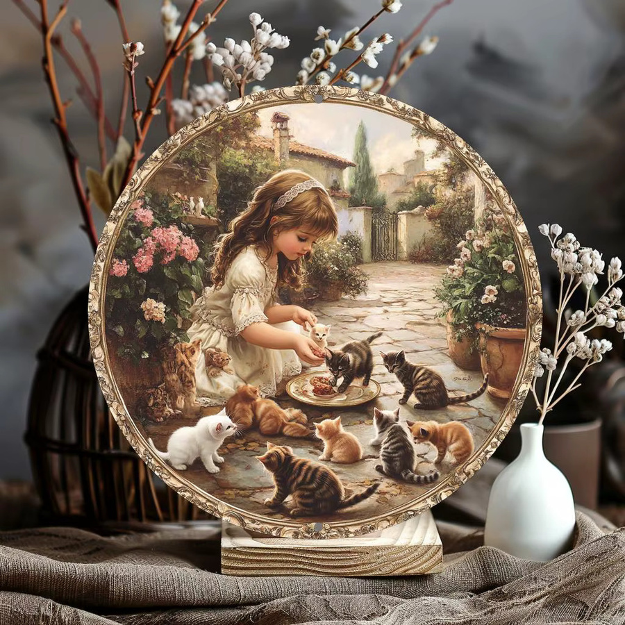 Rundes Aluminiumschild Potdemiel mit Mädchen- und Katzenmotiv in Vintage-Optik, Durchmesser: 20 cm - Bild 4