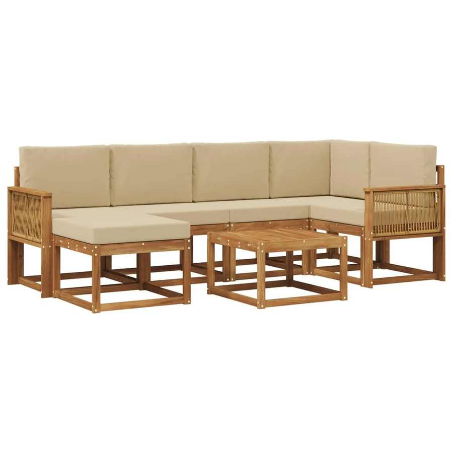 vidaXL Outdoor-Sofagarnitur aus Massivholz Akazie in L-Form, 7-teiliges Set mit Polstern in Natur und Beige - Bild 2