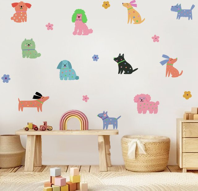 Kingsmile Wandaufkleber mit bunten Blumen und Welpen für Kinderzimmer und Wohnzimmer, Mehrfarbig - Bild 1
