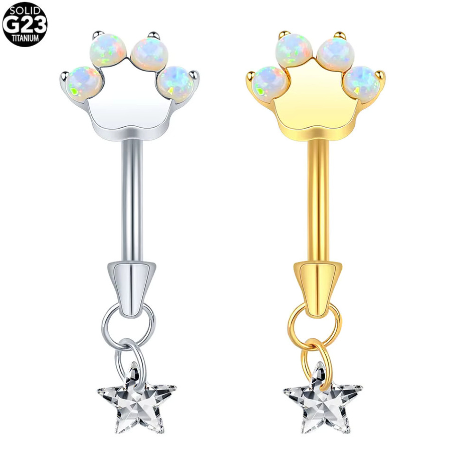 Piercing Ring Titan, Katze Pfote, Zirkonia, Gold, 16G, Bauchnabel Piercing - Bild 1