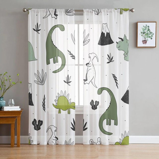 A Family Of Home Textiles Transparenter Voile-Fenstervorhang mit Dinosaurier- und Pflanzen-Motiv in Tiergrün, Breite: 135 cm, Höhe: 183 cm - Bild 1