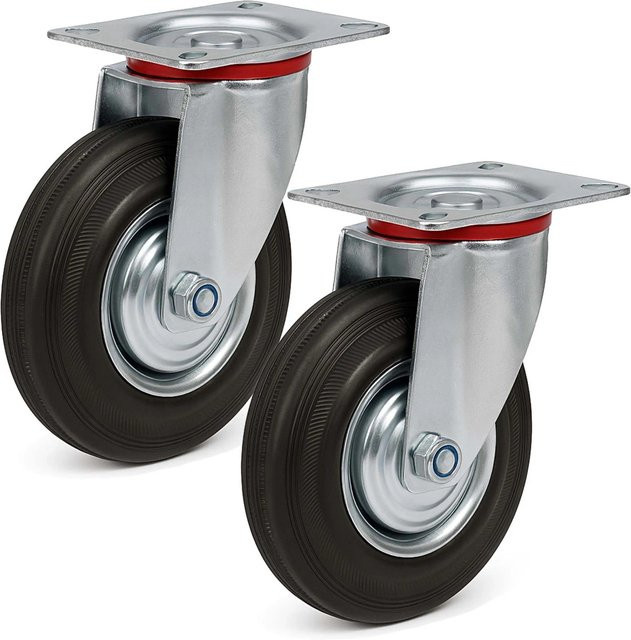 Wiltec Lenkrollen Set mit 2 Vollgummirädern in Schwarz, Durchmesser: 100 mm, Tragkraft: 70 kg, Metallfelge und Schraubbefestigung - Bild 1