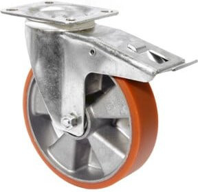 BS Lenkrolle mit Feststeller und Platte, Durchmesser: 125 mm, Tragkraft: 200 kg, Farbe: Orange, Material: Aluminium und PUR-Guss - Bild 1