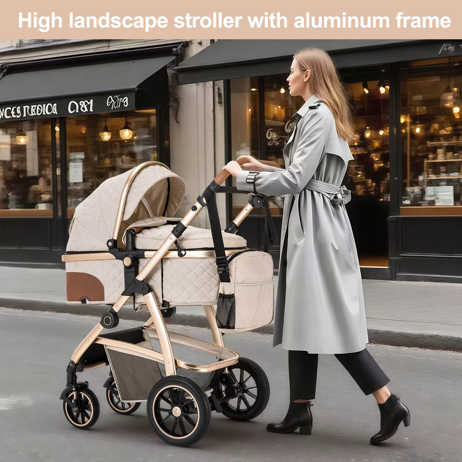 3-in-1 Reisekinderwagen mit höhenverstellbarem Griff und Moskitonetz aus Aluminium in Schwarz oder Beige - Bild 3
