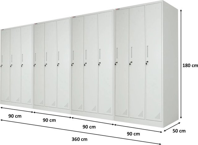 PROREGAL Spindschrank ELEPHANT aus Metall in Lichtgrau mit 3 Abteilen, Kleiderstangen und Kleiderhaken, B/T/H: 90 x 50 x 180 cm - Bild 1