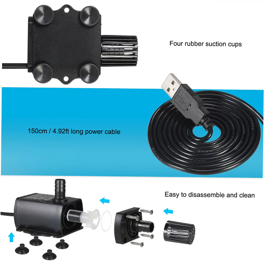 Decdeal Mini-USB-Wasserpumpe, bürstenlos und wasserdicht, Schwarz, 300 l/h, Hub 300 cm, DC5V, 4,8 W - Bild 4