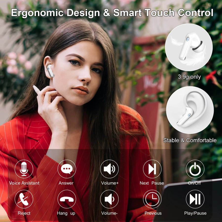 Kuizil Kabellose Bluetooth 5.4 Ohrhörer mit Hi-Fi Stereo, ENC Geräuschunterdrückung, LED-Anzeige und 48h Akkulaufzeit, IP7 Wasserdicht, 13mm Treiber in Blau und Weiß - Bild 3