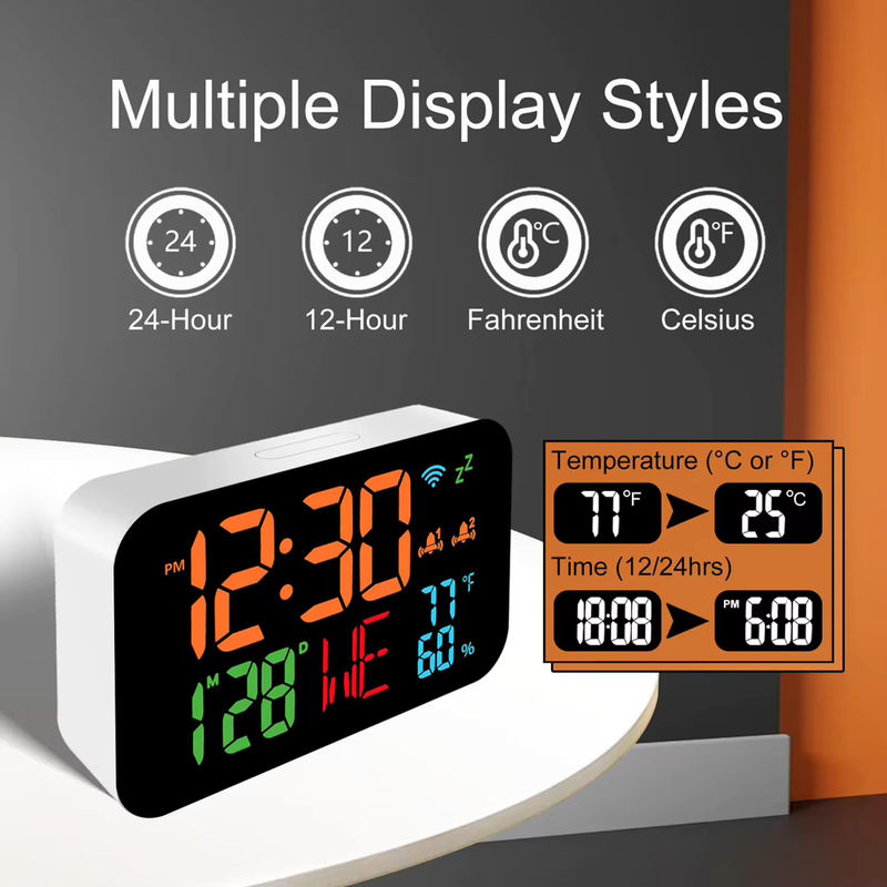 Tuya Smart Desktop Uhr mit Kalender, digitalem LED-Display, Thermometer und Hygrometer, WiFi-Unterstützung mit Auto-Kalibrierung, Weiß - Bild 2