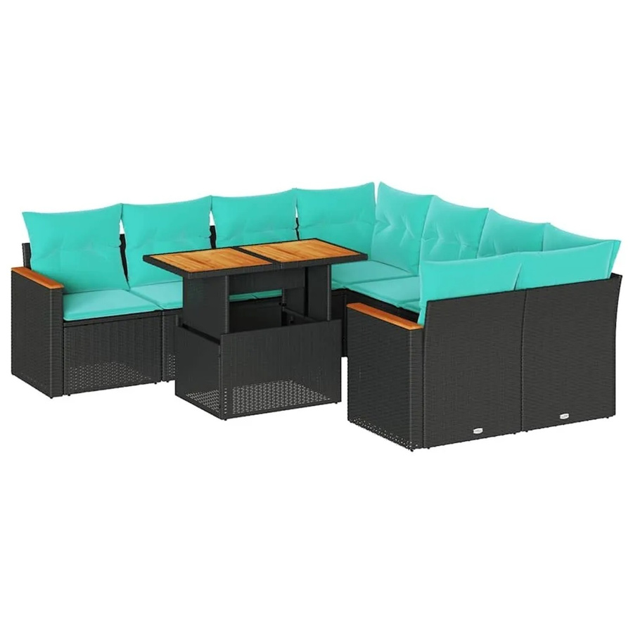 vidaXL 9-teilige Garten-Sofagarnitur aus Poly-Rattan und Akazienholz in Schwarz mit Kissen - Bild 2