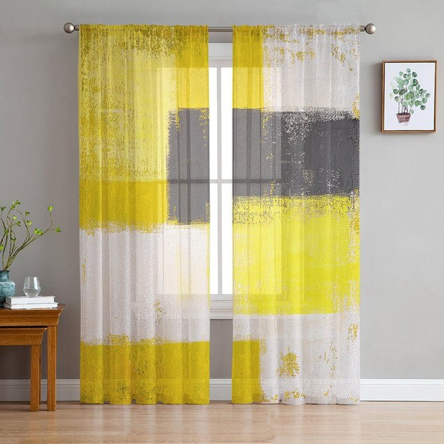Transparente Tüll-Vorhänge im abstrakten Ölgemälde-Stil mit geometrischem Design in Gelb, Breite: 135 cm, Höhe: 115 cm - Bild 1