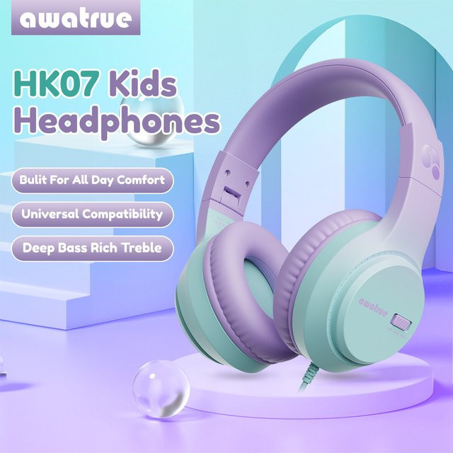 AWATRUE HK07 Kinder-Kopfhörer mit Kabel in Pink mit Mikrofon und Stereo-Sound sowie begrenztem Lautstärkebereich (74 dB/85 dB) - Bild 1