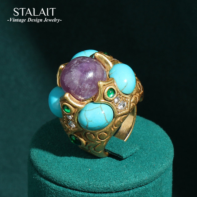 STALAIT Ringe Vintage, Türkis, lila Stein, Kristall, Damen - Bild 1