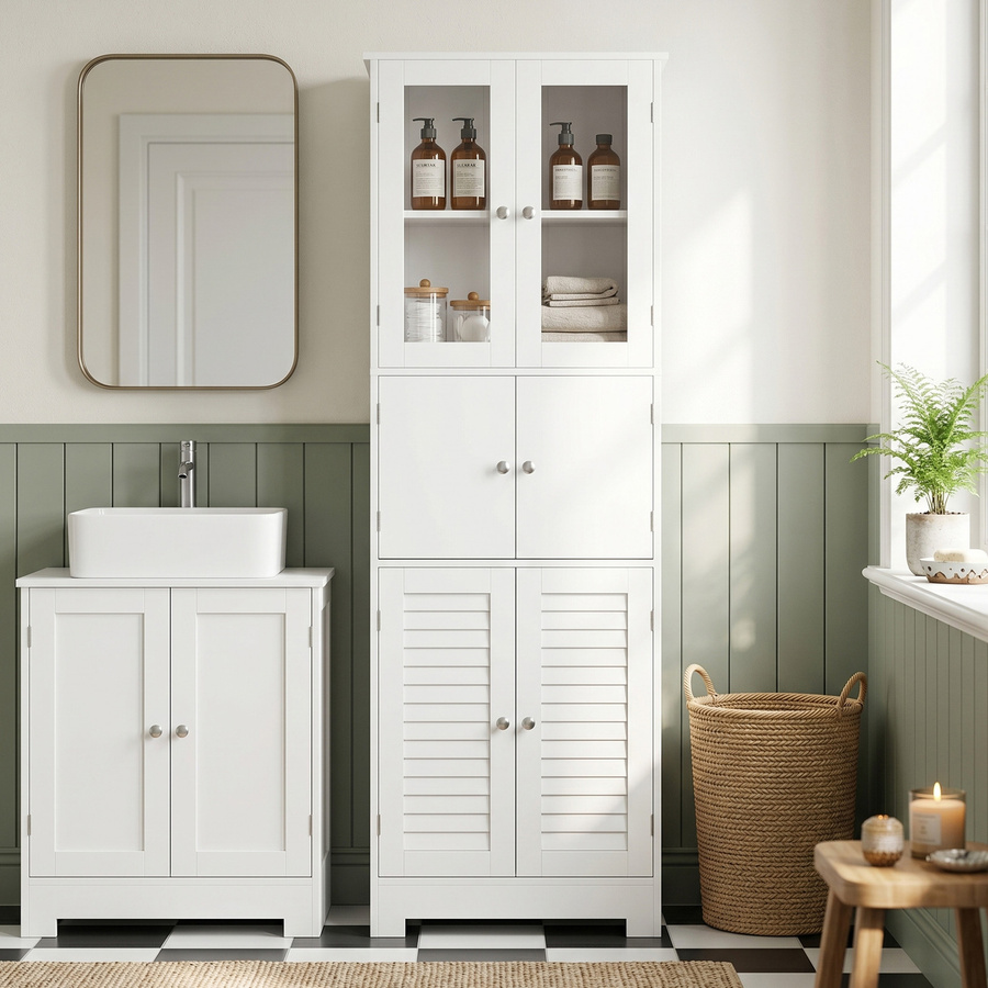 Aosom HOMCOM Badezimmerschrank in Weiß mit 6 Türen, inklusive Glastüren und Lamellentüren, moderner Aufbewahrungsschrank mit verstellbaren Einlegeböden, B/T/H: 60 x 30 x 170,5 cm - Bild 2
