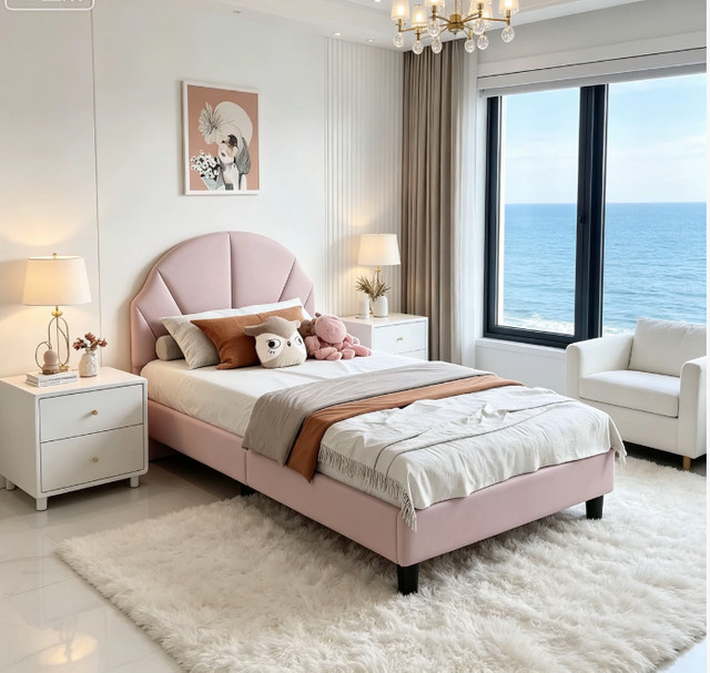 Rosahqnda Einzelbett für Kinder in Beige, gepolstertes Kinderbett mit verstellbarem Kopfteil und Lattenrost, B/T/H: 90 x 200 cm - Bild 1