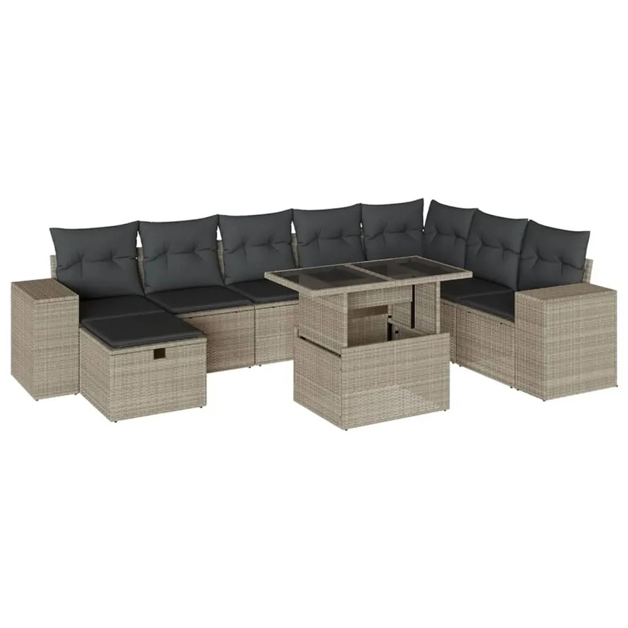 vidaXL 9-tlg. Garten-Sofagarnitur in L-Form aus Poly-Rattan mit Kissen und Couchtisch, Hellgrau - Bild 2