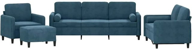 vidaXL 4-teilige Sofagarnitur aus Samt in Blau mit 3-Sitzer-Sofa, 2-Sitzer-Sofa, Sessel, Fußhocker und Kissen - Bild 1