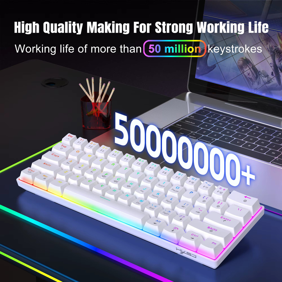 HXSJ Mini Mechanische Gaming-Tastatur mit 61 Tasten, RGB-Beleuchtung, Roten Schaltern und Hot-Swap-Funktion, USB-C, Schwarz/Weiß - Bild 2