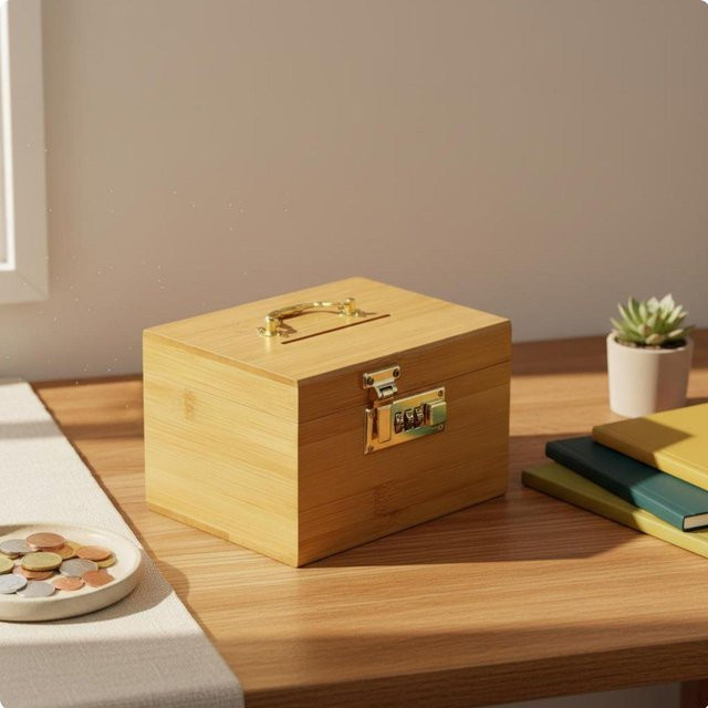 Abschließbare Holz Sparschwein Box mit Zahlenschloss von Sports Fun in Gold und Beige - Bild 1