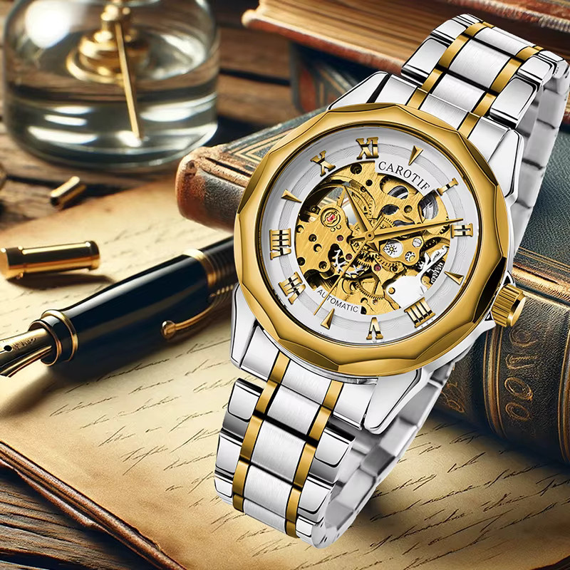 CAROTIF Armbanduhr, Silber und Gold, zweifarbiges Metallarmband, Herren - Bild 3