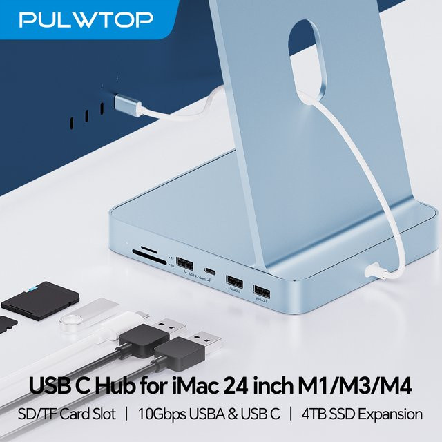 PULWTOP USB-C-Hub für iMac 24 Zoll M1/M3/M4 in Silber mit USB-C 10Gbps, 3x USB-A, SD/TF-Slot und Unterstützung für M.2-SSD-Erweiterung - Bild 1
