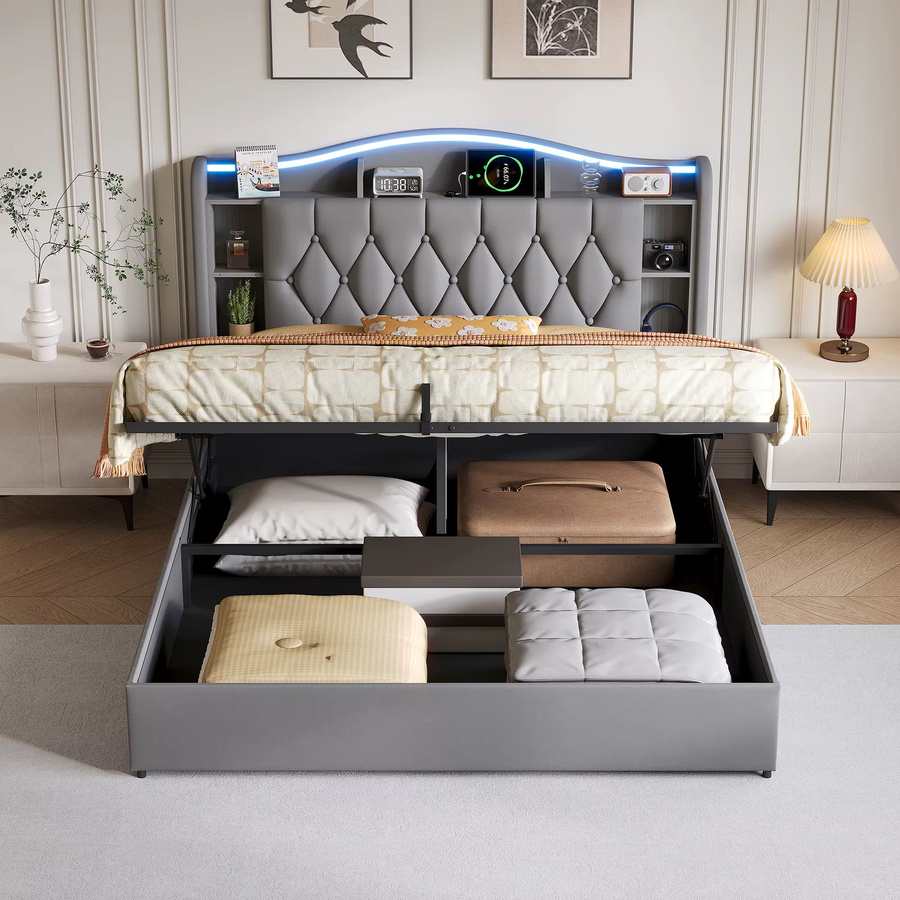Rosahqnda Doppelbett aus Samt in Grau mit LED-Beleuchtung, USB-Anschluss und hydraulischem Stauraum, B/T/H: 140 x 200 cm - Bild 2
