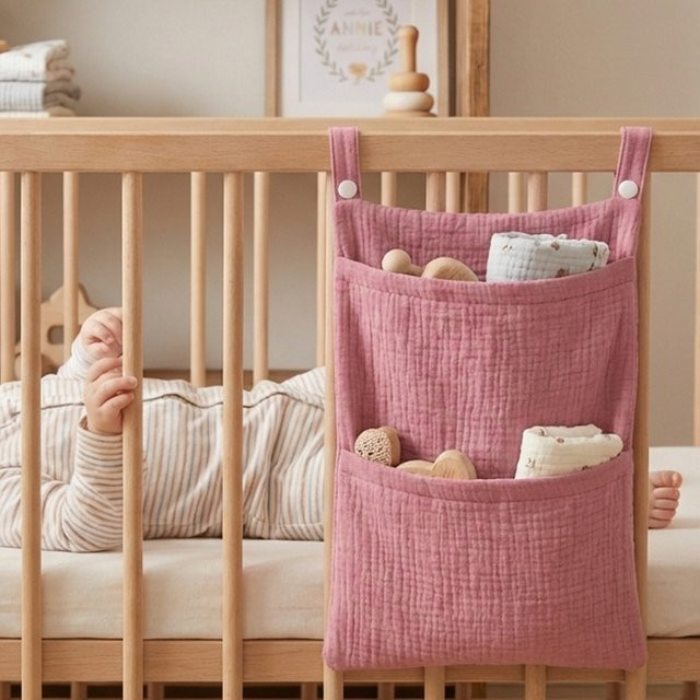 Multifunktionale Baby-Hängetasche aus reiner Baumwolle in Pink für Kinderbett und Kinderwagen - Bild 1
