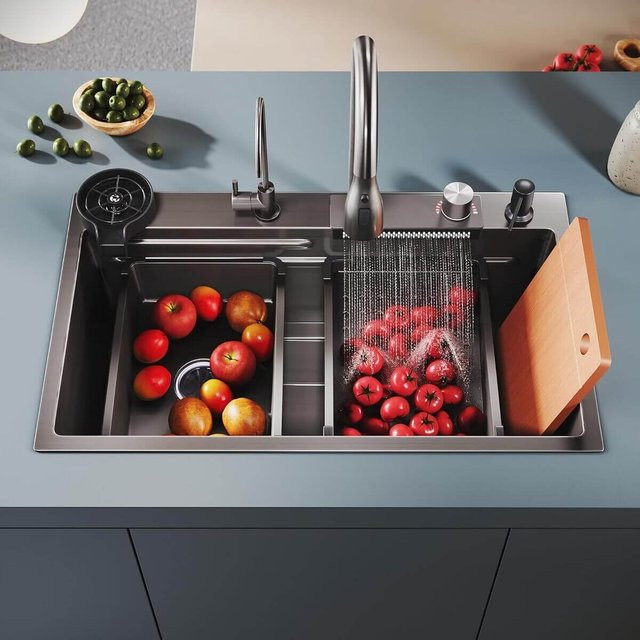 SONNI Einbauspüle aus Edelstahl in Schwarz mit Waterfall-Funktion, B/T/H: 80 x 45 x 23 cm - Bild 1
