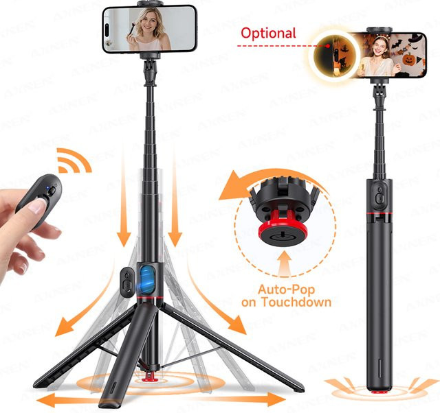 Axnen Bluetooth Selfie-Stick Stativ mit Gimbal und Fernbedienung, faltbarer automatischer Halter für iPhone und Android Smartphones in Schwarz - Bild 1
