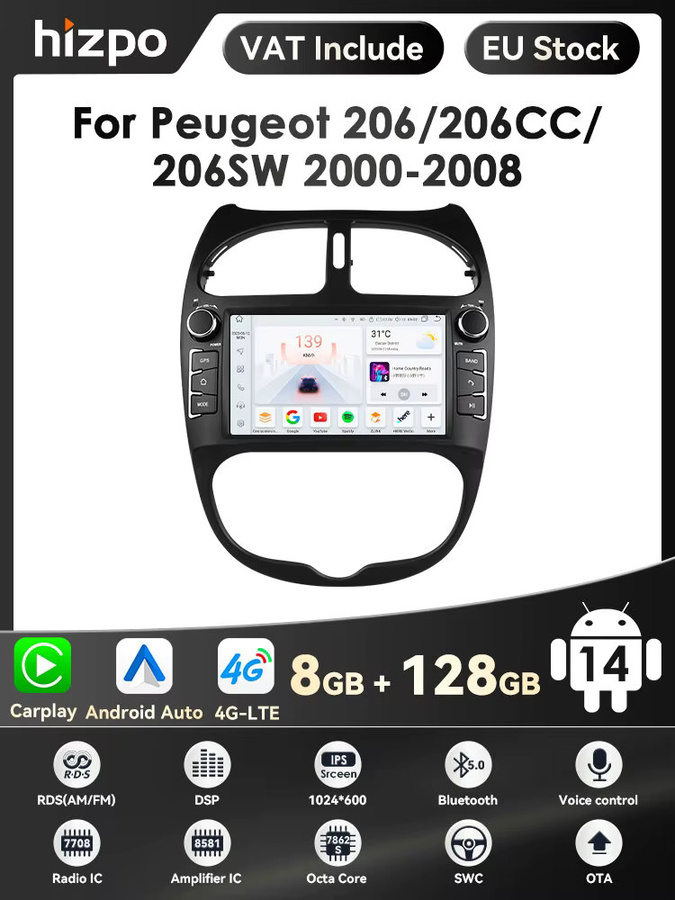 HIZPO Android 14 Multimedia Radio für Peugeot 206 (2001-2008) mit 7 Zoll Display, GPS, 4G, Carplay und Navigation in Schwarz - Bild 5