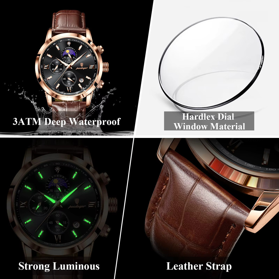 POEDAGAR Armbanduhr Chronograph, Quarz, Leder, Schwarz, Roségold, Herren - Bild 4