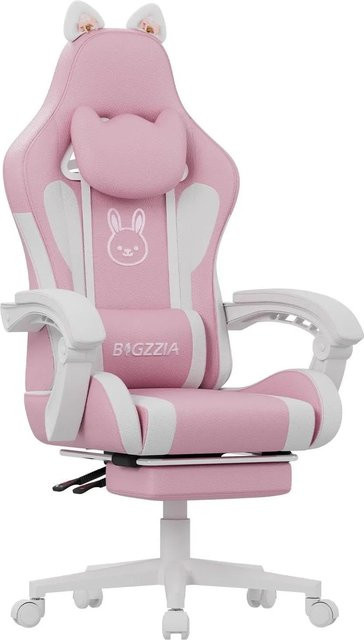 Rattantree Ergonomischer Gaming Stuhl mit Katzenohren, Massage-Lendenstütze und Fußstütze in Pink aus Kunstleder - Bild 1