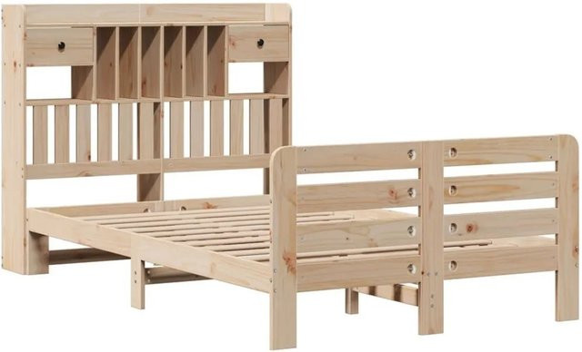 vidaXL Massivholzbett aus Kiefernholz mit Kopfteil und Regal in Braun, B/T/H: 135 x 190 cm - Bild 1