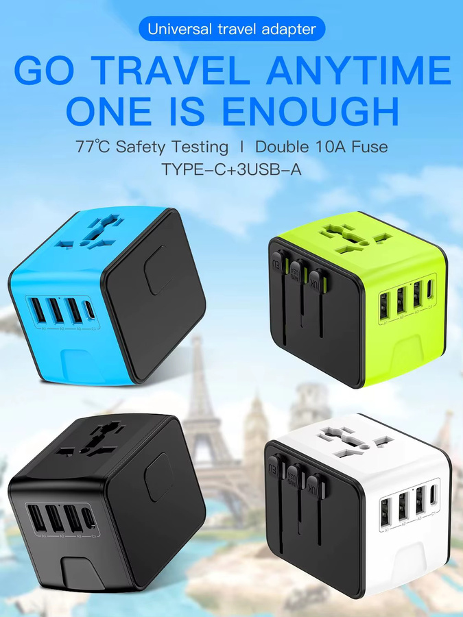 HKLAMIN Internationaler Reiseadapter mit 4 USB-Anschlüssen Typ C und USB-A Schnellladegerät für Europa, USA, UK, AU und CA in Schwarz oder Blau - Bild 6