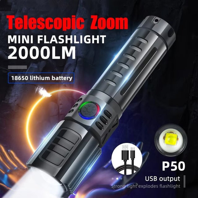 BALDR P50 LED Taschenlampe mit 2000 Lumen, USB aufladbar, taktischer Zoom und wasserdicht, Schwarz - Bild 1