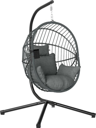 Outsunny Hängesessel Hängeschaukel in Rattanoptik mit Kissen und Becherhalter, klappbarer Sitzkorb aus Stahl in Grau