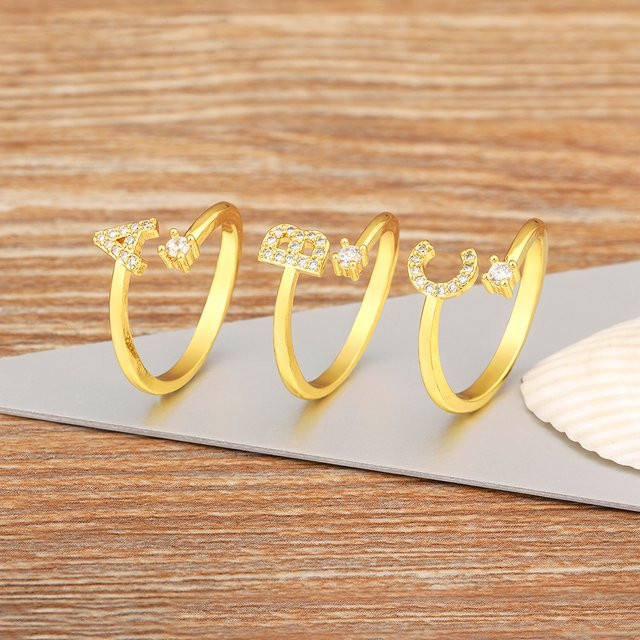 Nidin Ring, A-Z Buchstaben, Kristall, Zirkonia, Gold, Unisex - Bild 1