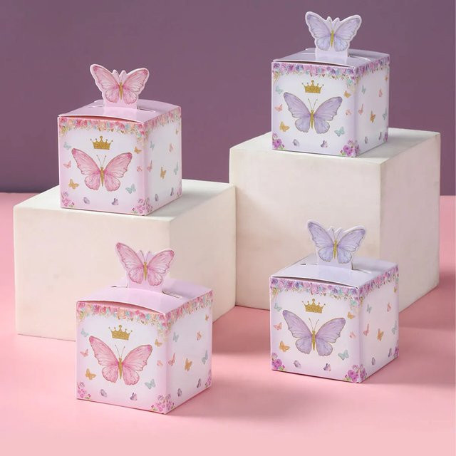Geschenkboxen mit Schmetterlings-Design in Lila, Rosa und Blau für Süßigkeiten, Schokolade oder Kekse, 12 oder 24 Stück aus Papier - Bild 1