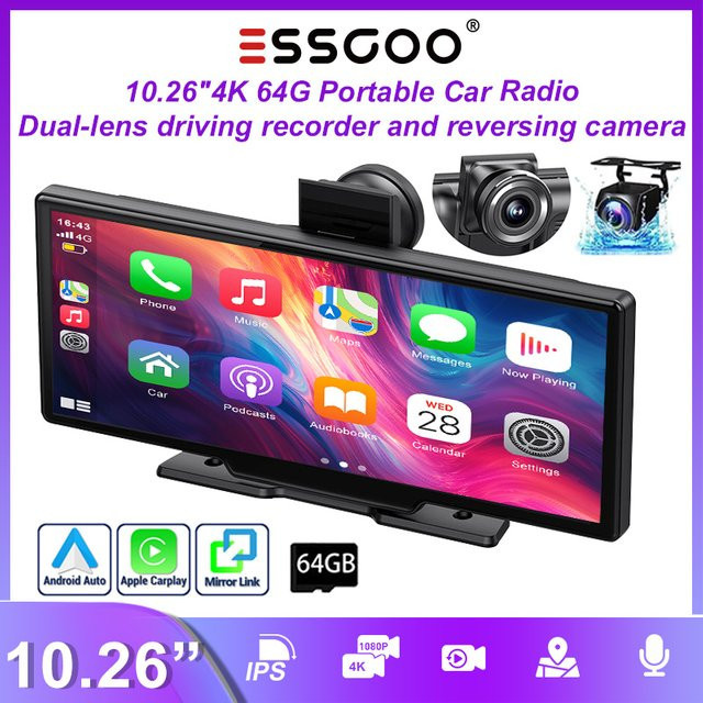 ESSGOO Tragbares Autoradio mit 10.26 Zoll 4K UHD Touchscreen, CarPlay, Android Auto, Bluetooth, WiFi, AUX, FM und Dashcam mit Rückfahrkamera in Schwarz - Bild 1
