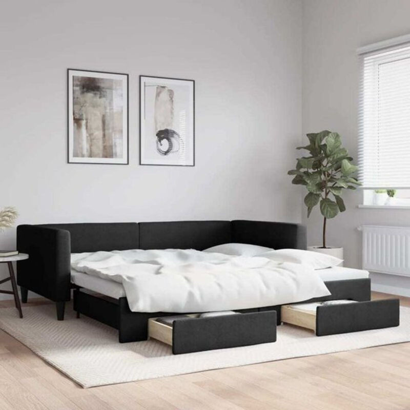 Ausziehbares Funktionsbett vidaxl in Schwarz mit Schubladen aus Stoff und Metall, B/T: 100 x 200 cm - Bild 1