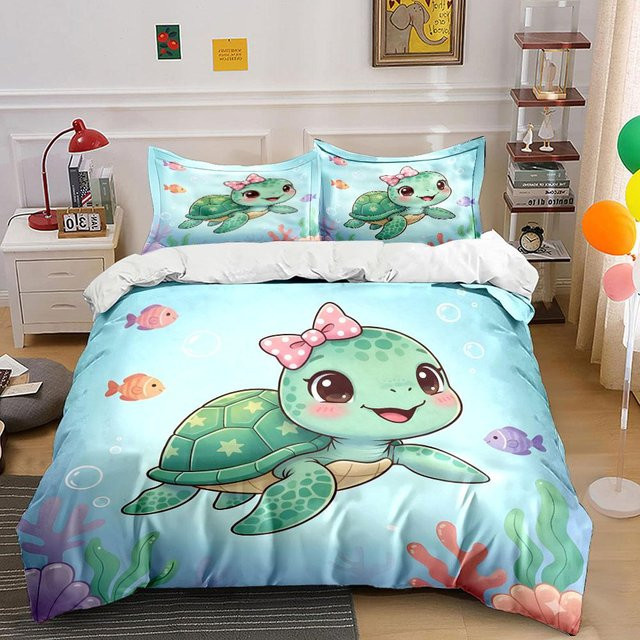 Flylo Bettwäscheset mit Schildkröten-Unterwasser-Print in Grün und Blau, bestehend aus 1 Bettbezug und 2 Kissenbezügen, B/H: 140 x 210 cm - Bild 1