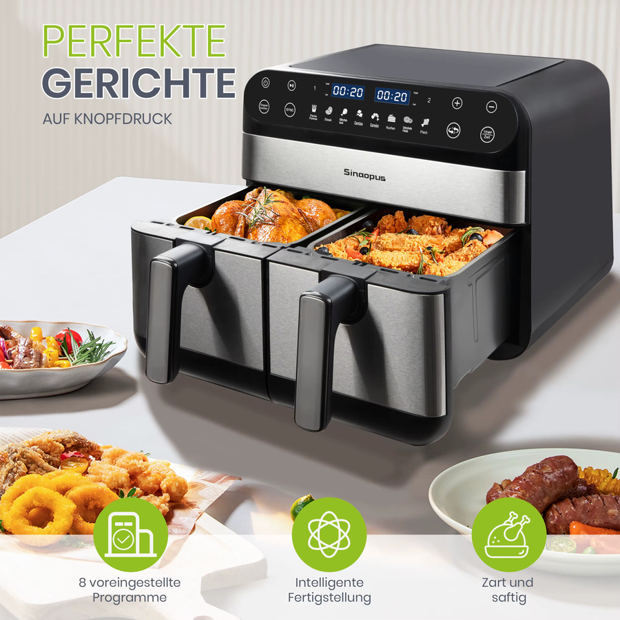Sinaopus Doppelkorb Heißluftfritteuse mit 10 Litern Volumen, 2400 W, Dual Zone Technologie, LED-Touch-Steuerung, Schwarz - Bild 3