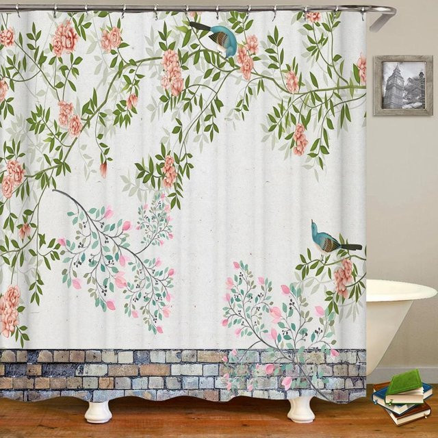 Wasserdichter Duschvorhang im chinesischen Stil mit Blumen und Vögeln von Household supplies MH, B/B: 120 x 180 cm, Multicolour - Bild 1