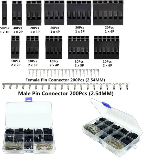 620-teiliges Dupont-Stecker Set mit 2,54 mm Pitch, bestehend aus männlichen Crimp-Stiften und weiblichen Pin-Anschlusssteckern in Schwarz - Bild 1