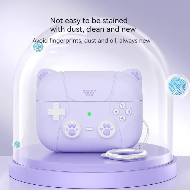 Silikon Schutzhülle im Game Player Design für Apple AirPods Pro 2, Pro 3 und AirPods 4 mit Schlüsselanhänger, Farbe: Lila - Bild 1