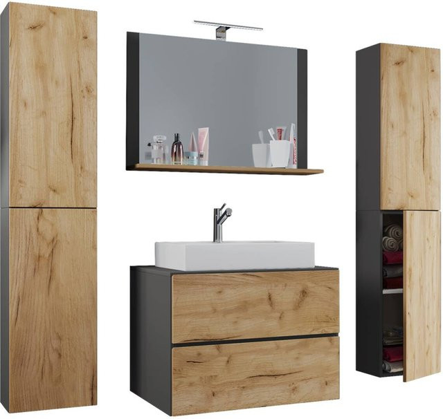 VCM Badmöbel Set Lendas 5-teilig mit Waschbecken aus Keramik in Grau, Weiß und Anthrazit mit Eiche-Optik, B/H/T: 60 x 52 x 52 cm - Bild 3